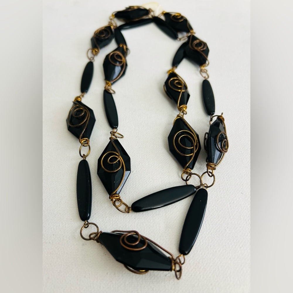 Artisan Handmade Black Acrylic Wire-wrapped Long Lightweight Modernist Necklace